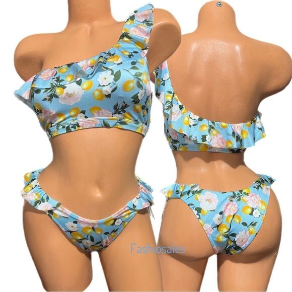 Victoria’s Secret Swim Ruffle One-Shoulder Bikini Top & bottom set Blue Medium - Picture 1 of 5